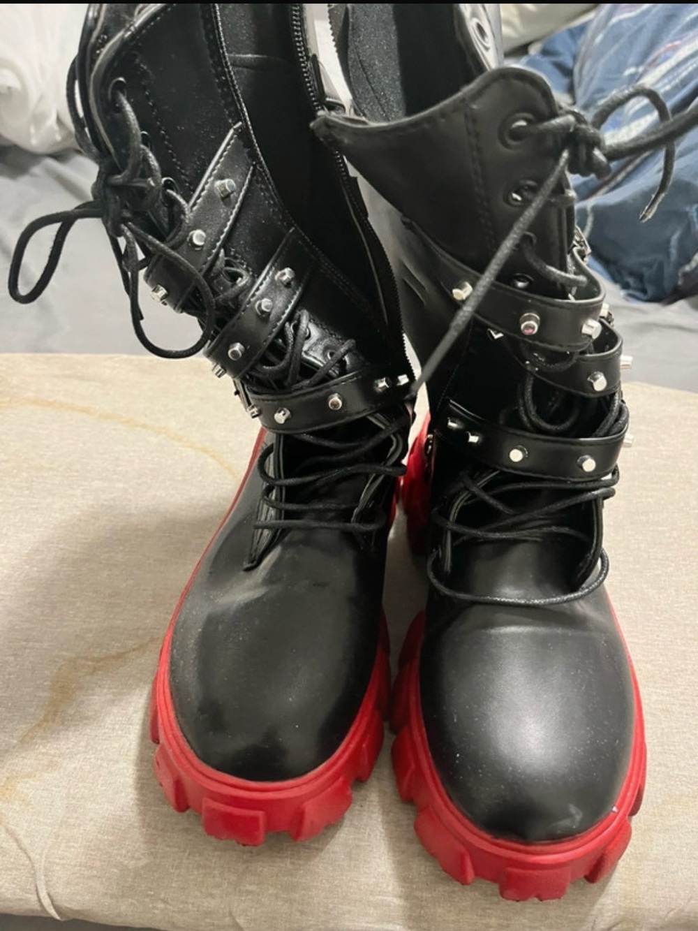 Black Combat Boots with Red Lug Sole - Women's Fashion Boots